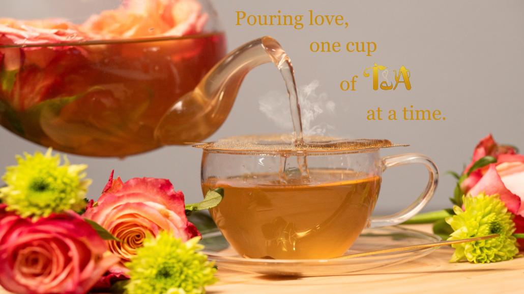 Glass teapot pouring tea into a cup Pouring love, one cup of tea at a time